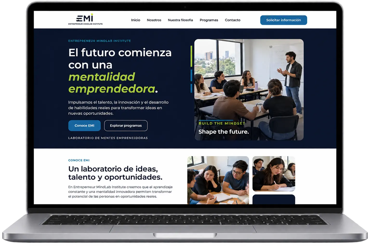 Vista de escritorio del sitio de EMI, con el hero de mentalidad emprendedora.